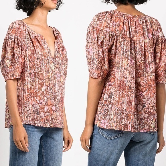 A.L.C. Cotton Silk Juliana Floral Orange Sheer Short Sleeve Blouse M (8)